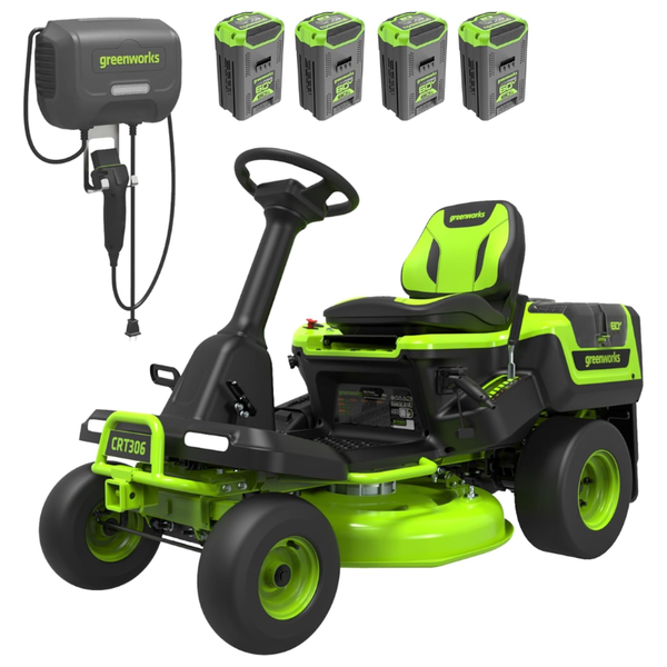 Cortacésped de asiento Greenworks de 30 pulgadas, 60V, equivalente a 16HP, capacidad de remolque de 1.25 acres, 200 libras, con (4) baterías de 8.0Ah y cargador turbo
