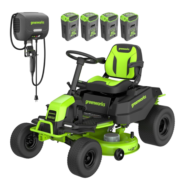 Tractor cortacésped inalámbrico Greenworks de 42 pulgadas y 60V, con (4) baterías de 8.0Ah y cargador enchufable de 600W