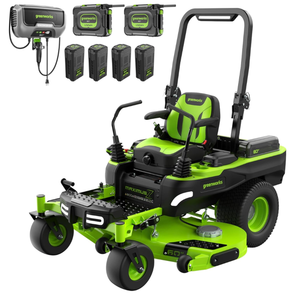 Cortacésped de asiento Greenworks de 60 pulgadas, 80V, equivalente a 41HP, capacidad de 5.12 acres, caja de descarga trasera, con (2) baterías de 16.0Ah + (4) de 8.0Ah y cargador turbo