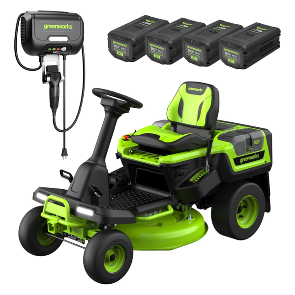 Tractor cortacésped inalámbrico Greenworks de 30 pulgadas y 80V con (4) baterías de 6.0Ah y cargador de 600W