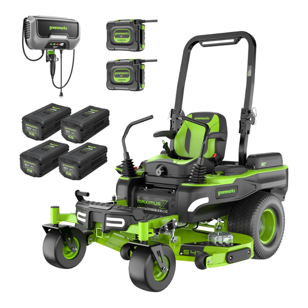 Cortacésped con asiento de giro cero Greenworks MaximusZ de 54 pulgadas y 80V con carga rápida, incluye (2) baterías de 16.0Ah + (4) baterías de 6.0Ah y cargador de 1.5kW