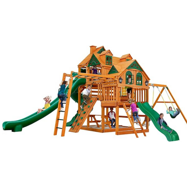 Columpio de madera Empire Extreme de Gorilla Playsets con barras de mono, puente oscilante, torre y 3 toboganes