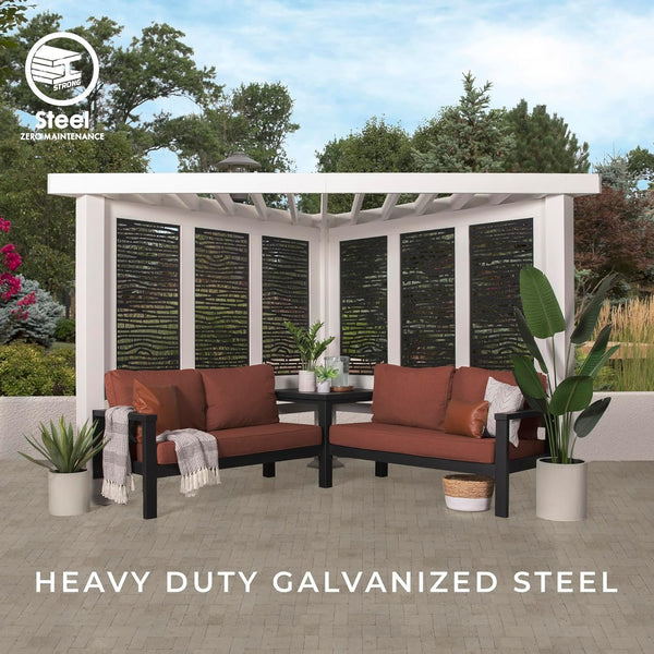 Pérgola tipo cabaña moderna Ridgedale de 8 pies x 8 pies de acero blanco con asientos de conversación en color piedra pómez